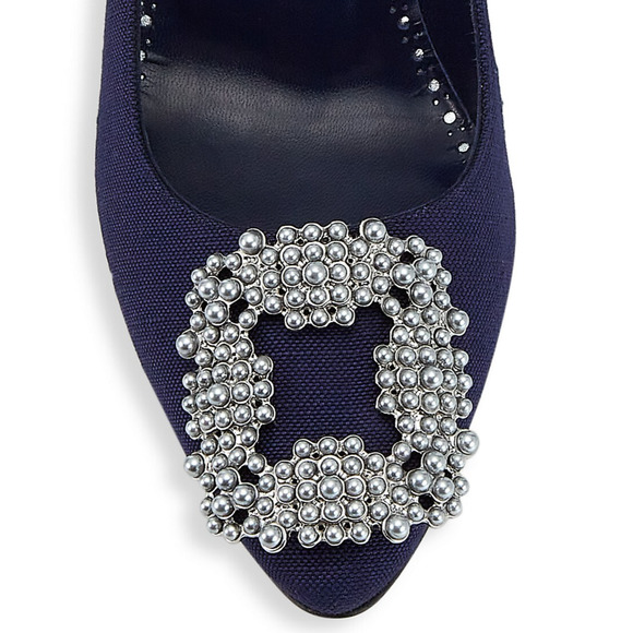 Manolo Blahnik Hangisi 70 Navy Blue Linen Pearl Jewel Buckle Low Heel Pump 39 - Picture 10 of 12